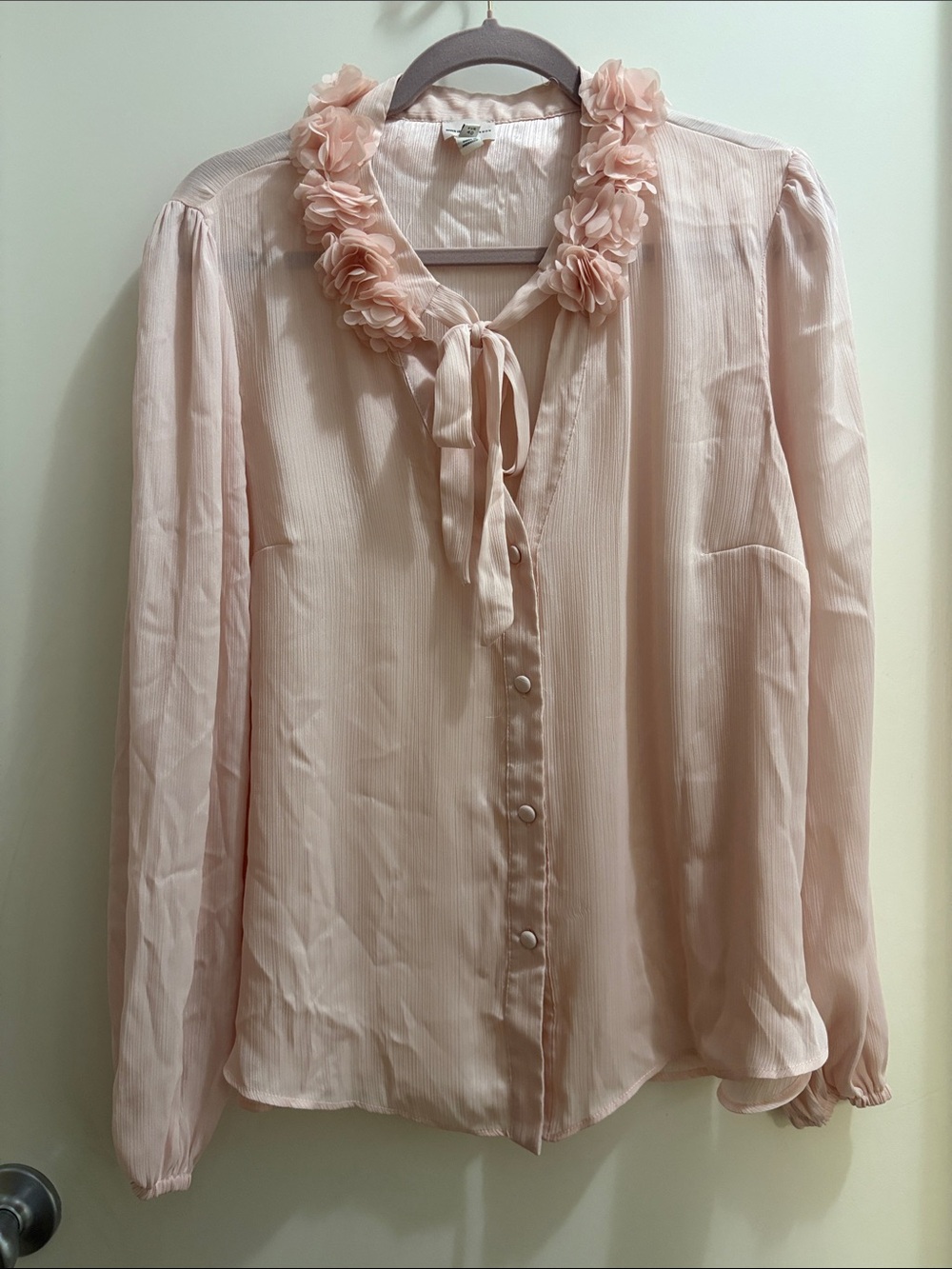 River Island Blush Pink Floral-Trim Tie Neck Blouse